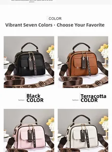 Detail view of lychee leather handbags in black, yellow, pink, and white with wide straps