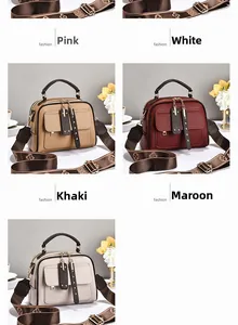 Litchi pattern leather handbags in pink, white, khaki, and burgundy with jacquard straps