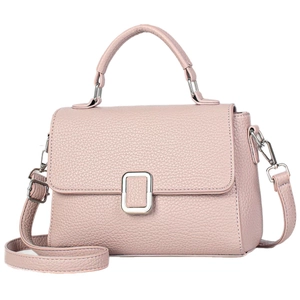Classic pink lychee grain leather handbag with silver metal buckle and detachable strap