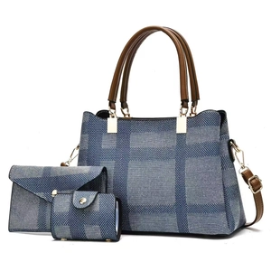 Ensemble de trois sacs à main pour femmes à carreaux bleus avec lanières en cuir marron