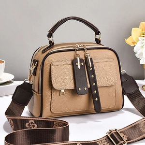 Khaki pebbled leather handbag with jacquard strap and dual zippers for women