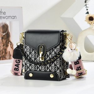 Women PU Leather Jacquard Crossbody Bag Wide Alphabet Strap Metal Lock Plush Ball Charm Fashion Shoulder Phone Bag