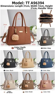 Detailed view of women's leather handbag with dimensions and internal three-layer design