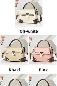 Detailed comparison of off-white, khaki, and pink crossbody bags with triangular metal clasp