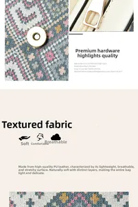 Detail of colorful geometric jacquard fabric and premium PU leather on a small bag