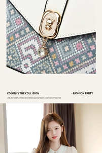 Detail of floral pattern mini bag with gold bear clasp and crystal pendant charm