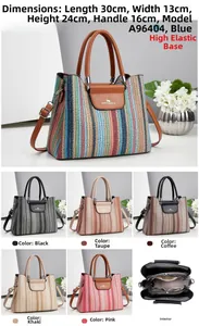 Detailed size chart for striped knit tote bag showing dimensions 30x13x24cm and layout