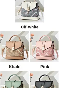 Close-up of geometric pattern crossbody bags with premium metal twist lock and PU leather strap