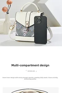 Detailed interior of a white crossbody bag with multi-compartment storage and a pearl bear lock
