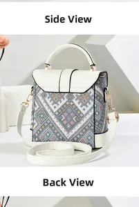 Front, side, and back views of a textured geometric fabric crossbody bag with leather trim