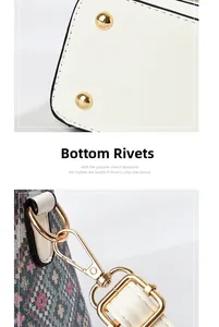 Detail view of mini crossbody bag featuring golden bottom rivets and premium jacquard fabric
