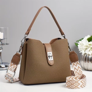 Women Bucket Bag PU Leather Large Capacity Handbag Wide Geometric Strap Crossbody Bag Fashion Turn Lock