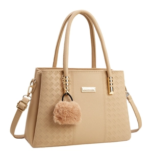 Minimalist beige tote bag with litchi grain texture and woven side detail