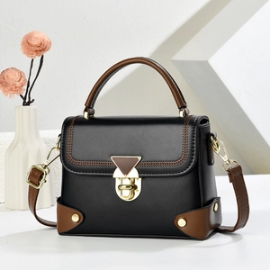 Retro Women Shoulder Bag PU Leather Contrast Color Stitching Triangular Metal Lock Top Handle Crossbody Fashion Handbag