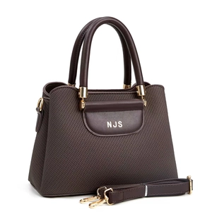 Large dark brown handbag with woven texture, top handle and detachable shoulder strap