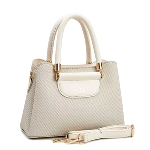 Detail of cream woven fabric tote bag featuring leather handles and NJS logo embossing