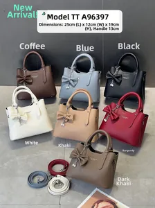Litchi pattern PU leather tote bag details showing size specs and bow pearl pendant charm