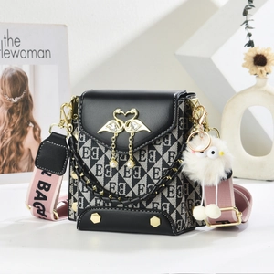 Sac Bandoulière Femme Cuir PU Jacquard Mini Sac À Épaule Large Sangle Cygne Künstliche Perle Décoration Peluche