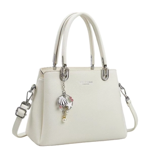 Elegante borsa a mano in pelle bianca da donna con ciondolo a conchiglia e tracolla regolabile