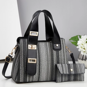 Luxe quilted tote bag and matching coin purse set with black leather handles and gold buckle