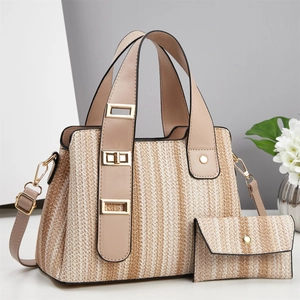 Elegant beige striped woven handbag and matching small purse set with golden hardware
