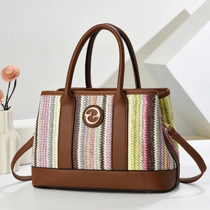 Vertical striped tote bag with brown leather trim and detachable shoulder strap for women