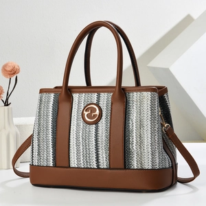 Women Woven PU Leather Bucket Bag Contrast Color Large Capacity Handbag Shoulder Crossbody Tote Fashion