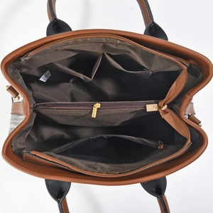 Brown and black stylish shoulder bag featuring multiple interior compartments and gold zipper