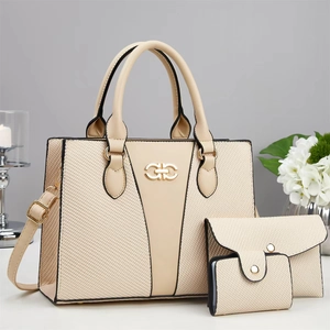 Elegantes beiges 3-teiliges Handtaschenset mit Webstruktur und hochwertiger Goldschnalle