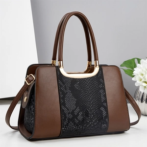 Women's chic large-capacity handbag with black snakeskin pattern and brown leather panels