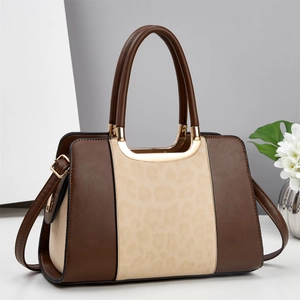 Chic women's crossbody bag in brown and leopard print with gold hardware and top handle