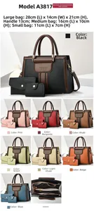 Detaillierte Größenangaben für das dreiteilige Taschen-Set mit Maßen und Farbauswahl
