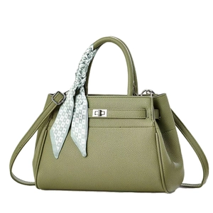 Olive green lychee leather tote bag with elegant heart pattern silk scarf and silver clasp