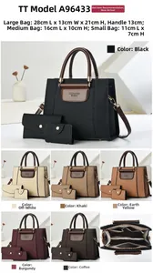 Three-piece women bag set with large tote, crossbody pouch and coin purse in textured PU