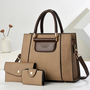 3-in-1 stylish tote bag set with woven texture and shoulder straps in brown and beige
