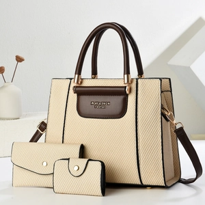 3-piece set with large woven tote, envelope pouch, and card holder in cream and brown