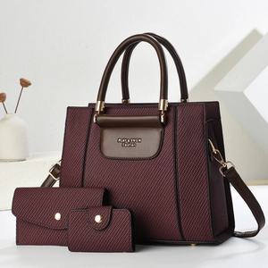 Three-piece set of wine red woven shoulder bag with matching wallet and card holder