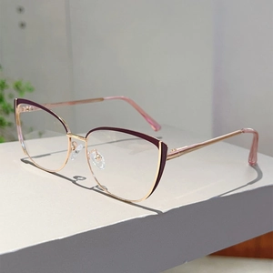 Detail of cat-eye glasses frame with rose gold metal legs and purple accents