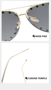 Detail view of gold aviator sunglasses showing soft nose pads and curved temples