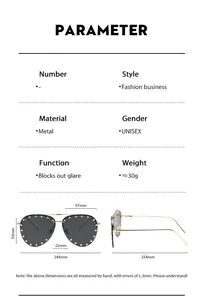 Size chart and specifications for aviator sunglasses with metal frame and rivet details