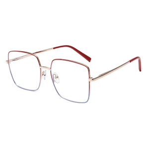Lunettes carrées en métal tendance avec dégradé rouge-bleu et branches dorées