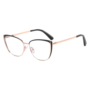 Cat eye blue light blocking glasses with black and rose gold metal spring hinges