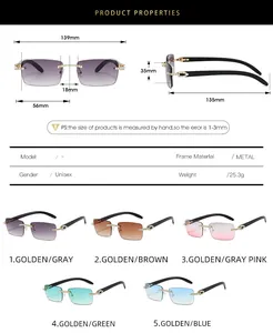 Detailed size chart and specifications for rimless sunglasses with wooden grain temples