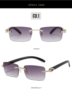 Detail of rimless purple gradient sunglasses with gold metal hinges and crystal accents