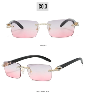Rimless gradient sunglasses with faux wood temples and diamond accents in 45-degree view