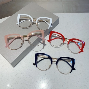 Retro cat-eye half-rim glasses in multiple colors featuring anti-blue light clear lenses
