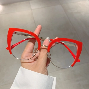 Cat Eye Anti Blue Light Eyeglasses Frame For Women Retro Half Frame Oversized PC Metal Fashion Decorative Plain Glasses