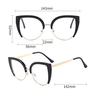 Detailed dimensions of cat-eye glasses frame with black rims and gold metal temples