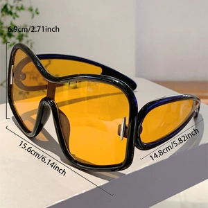 Detailed dimensions of oversized Y2K shield sunglasses with orange lenses and black frame