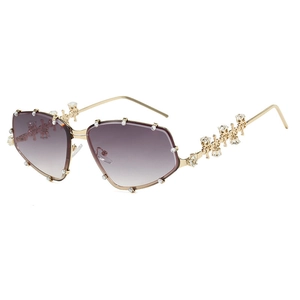Y2K Übergroße Sonnenbrille mit goldenem Metallrahmen, lila Verlaufsgläsern und Kristallen
